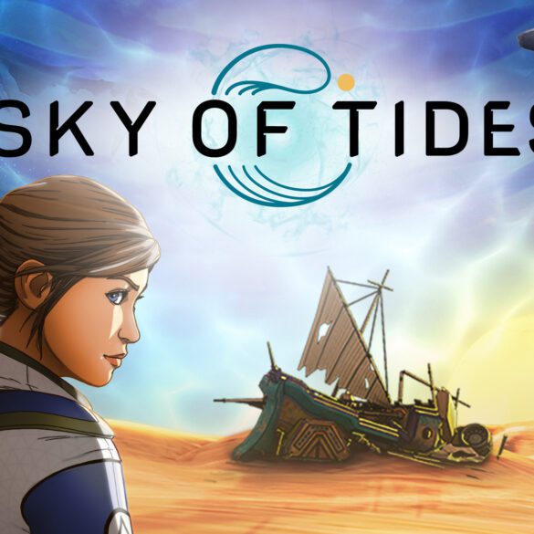 Das Coverbild von Sky of Tides: Eine Frau in einer futuristischen Wüstengegend.